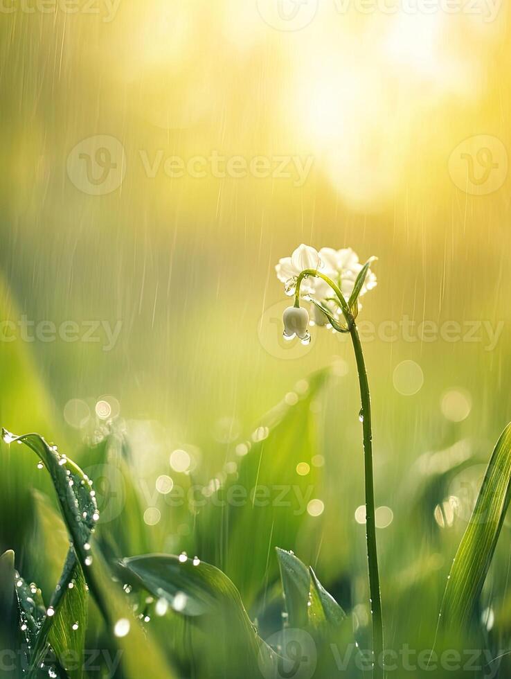 Lily of The Valley Blossom Displaying Dewy Petals And Blurred Greenery photo
