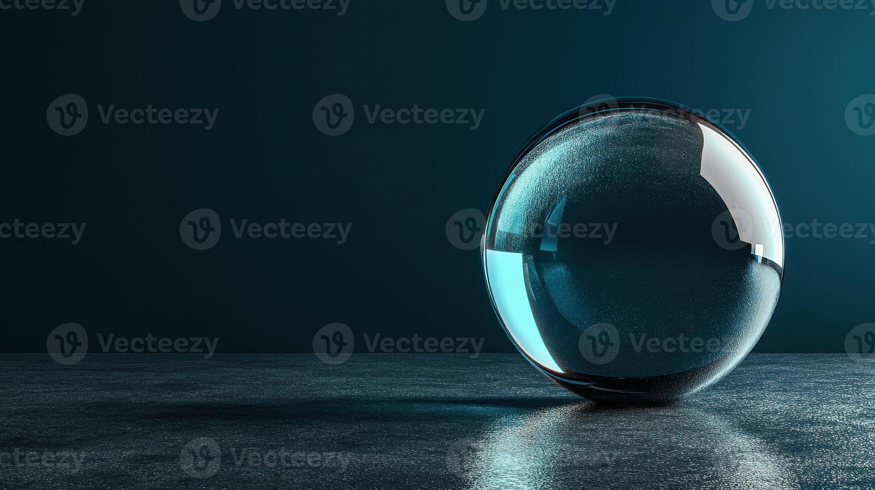 Transparent Crystal Ball With Water Droplets Reflecting Blue Light on Dark Background photo