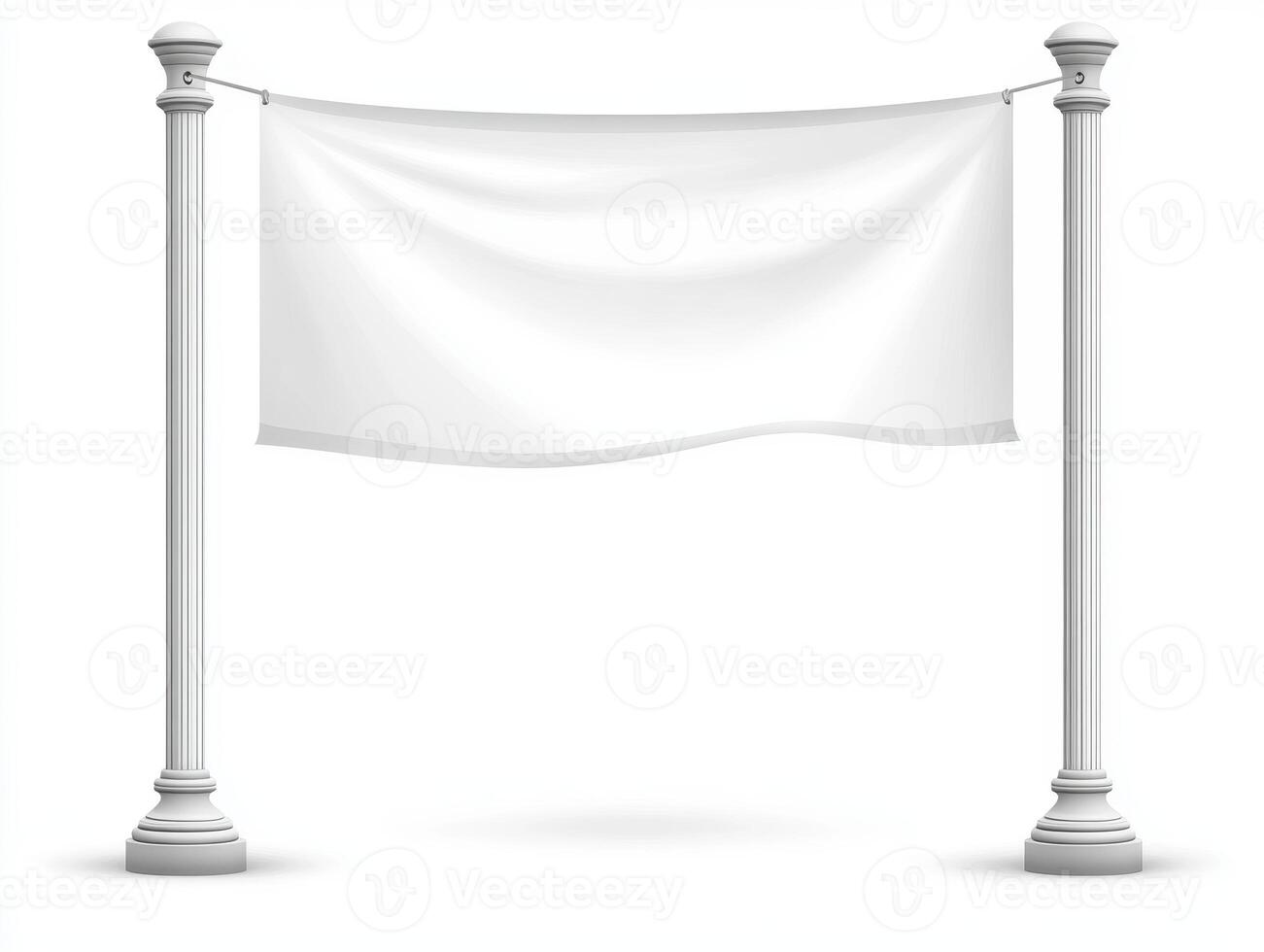 White Banner Suspended Between Two Decorative Pillars On White Background Showing Blank Space For Advertisment photo