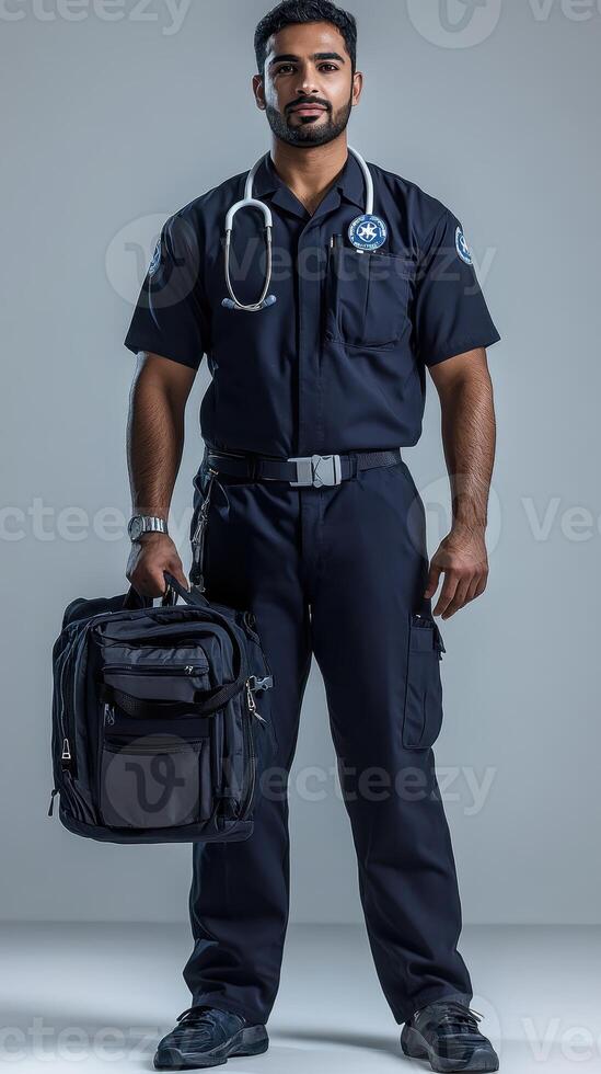 Portrait of a Confident Paramedic in Uniform Holding a Medical Bag Ready for Duty photo