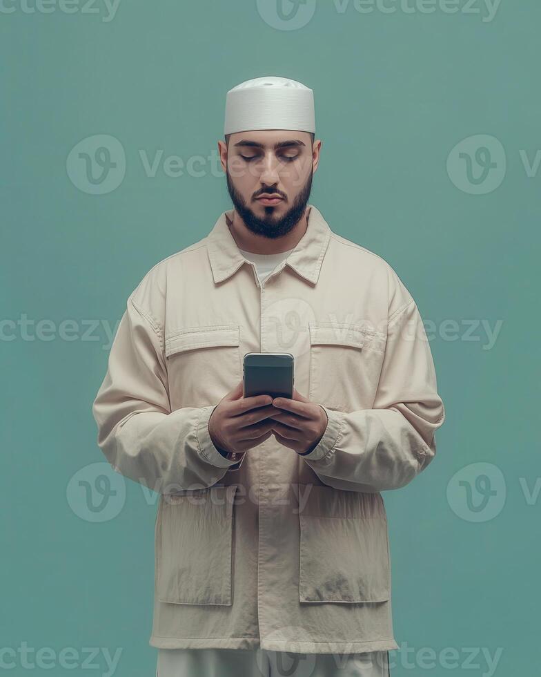 A Muslim Man Using Smartphone, Wearing Traditional Cap and Beige Jacket, Calm and Focused Expression photo