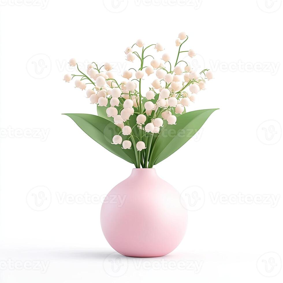 Lily of the Valley Flower Arrangement in Light Pink Vase with Green Leaves on White Backdrop photo