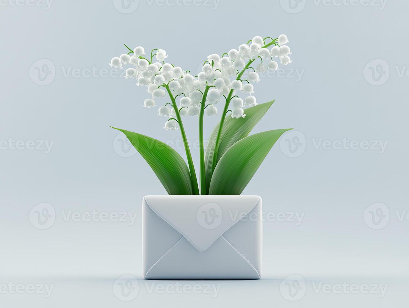 Lily of the Valley Flowers in White Envelope on Light Gray Background photo