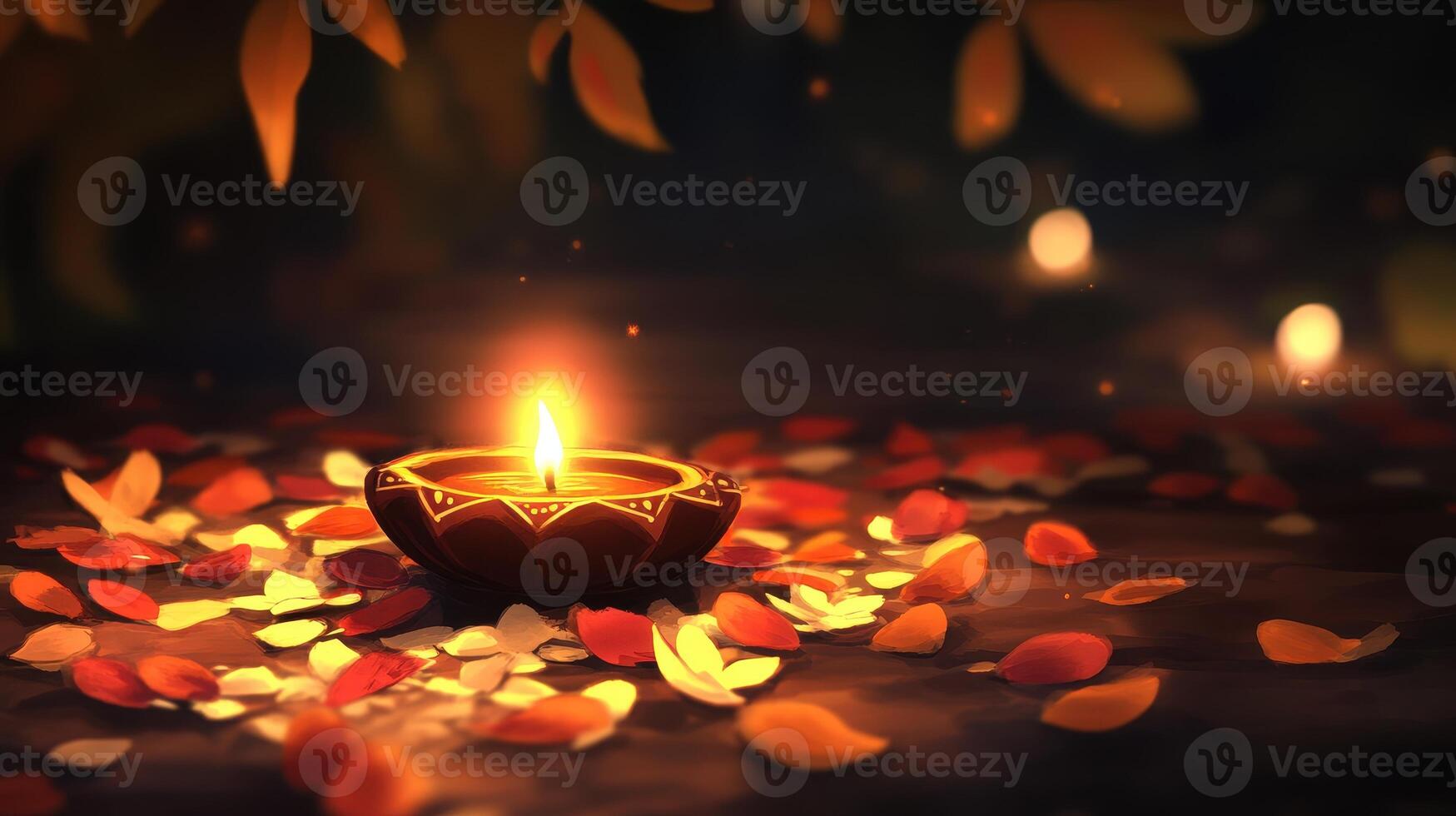 Illuminated Diya Amidst Fallen Petals In Dark Surroundings photo