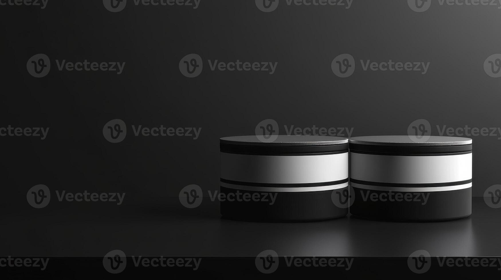 Two Black and White Cylindrical Objects on a Dark Reflective Surface with Dramatic Lighting photo