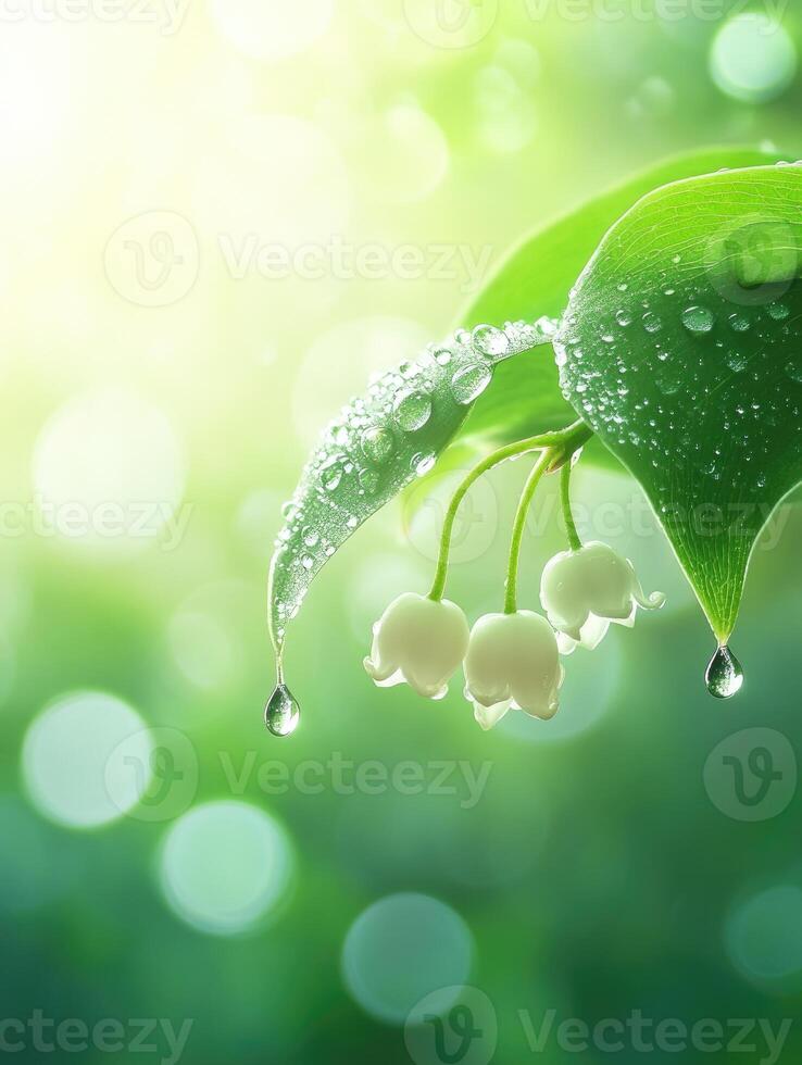 Lily of the Valley Flowers with Dew Drops on Leaves in Soft Light photo