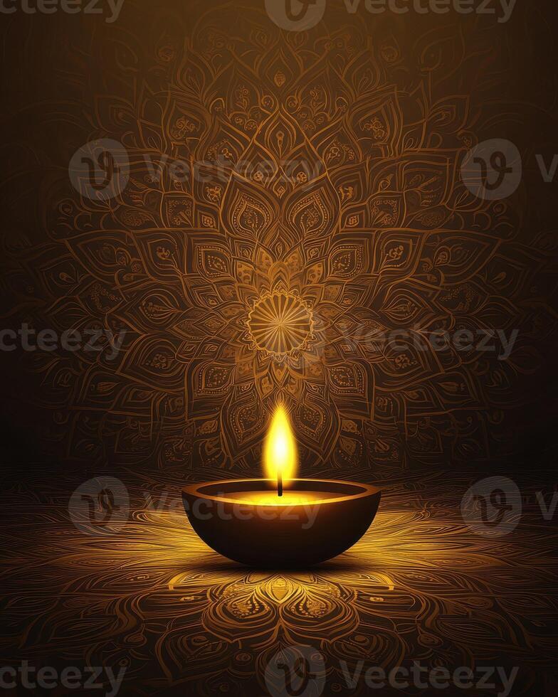 Golden Mandala Background With Lit Diya Lamp photo