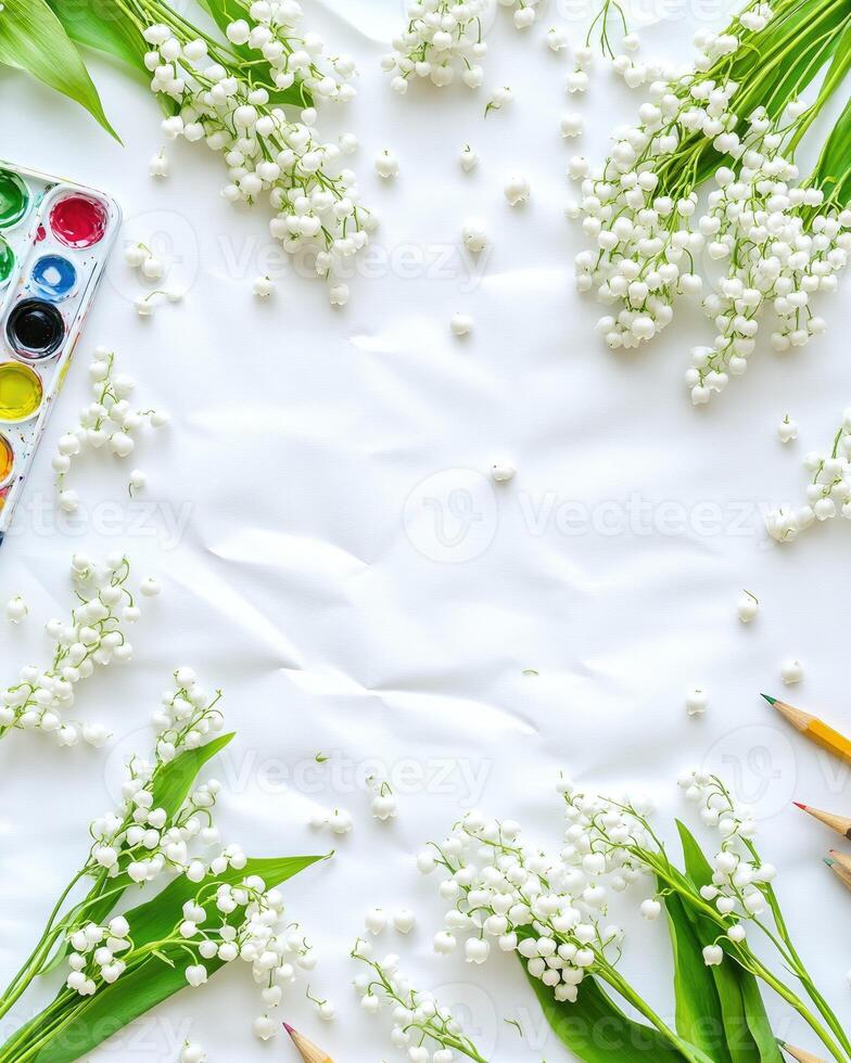 Delicate White Lily of the Valley with Green Leaves Watercolor Paints and Colored Pencils on White Textured Surface photo