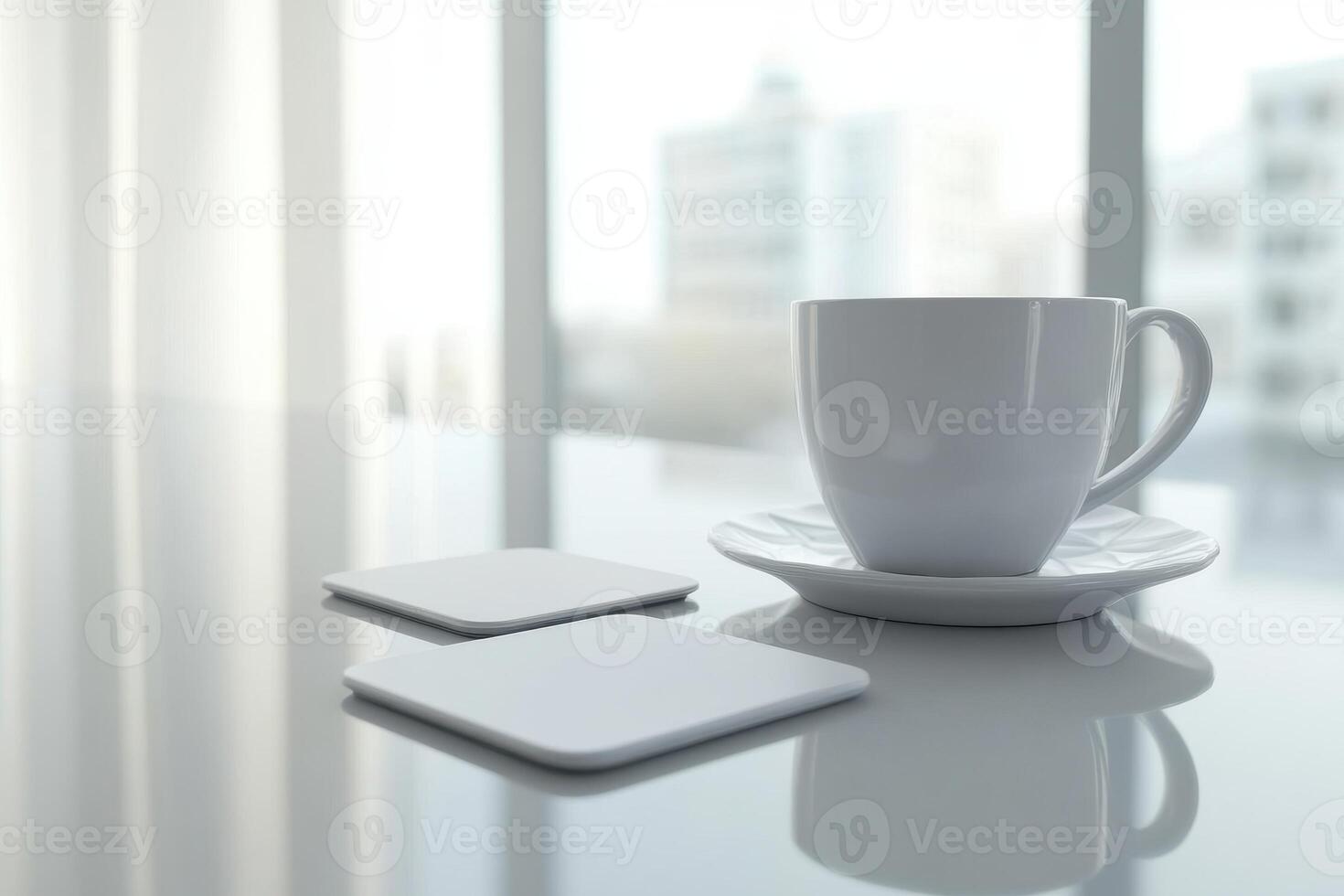 White Ceramic Coffee Cup on Saucer with Square Coasters on Reflective Table in Front of Window photo