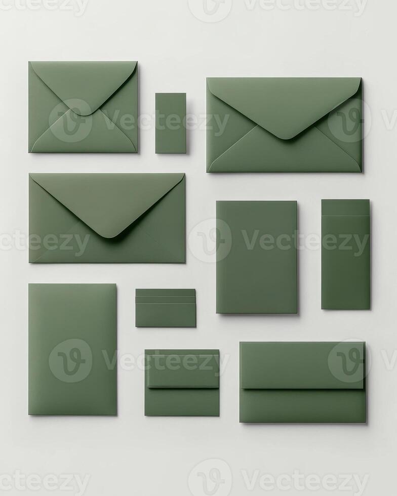Sage Green Envelopes and Cards Collection Arranged on White Background Overhead View for Stationary and Design Concepts photo