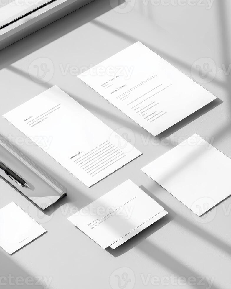 White Papers and Stationery on a Grey Surface with Natural Light Casting Shadows photo