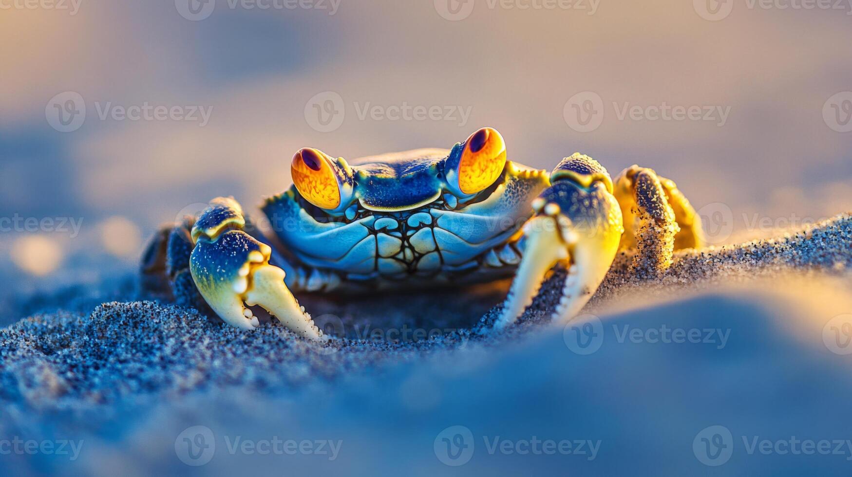 Closeup of a Vibrant Blue Crab on a Sandy Beach at Sunset photo