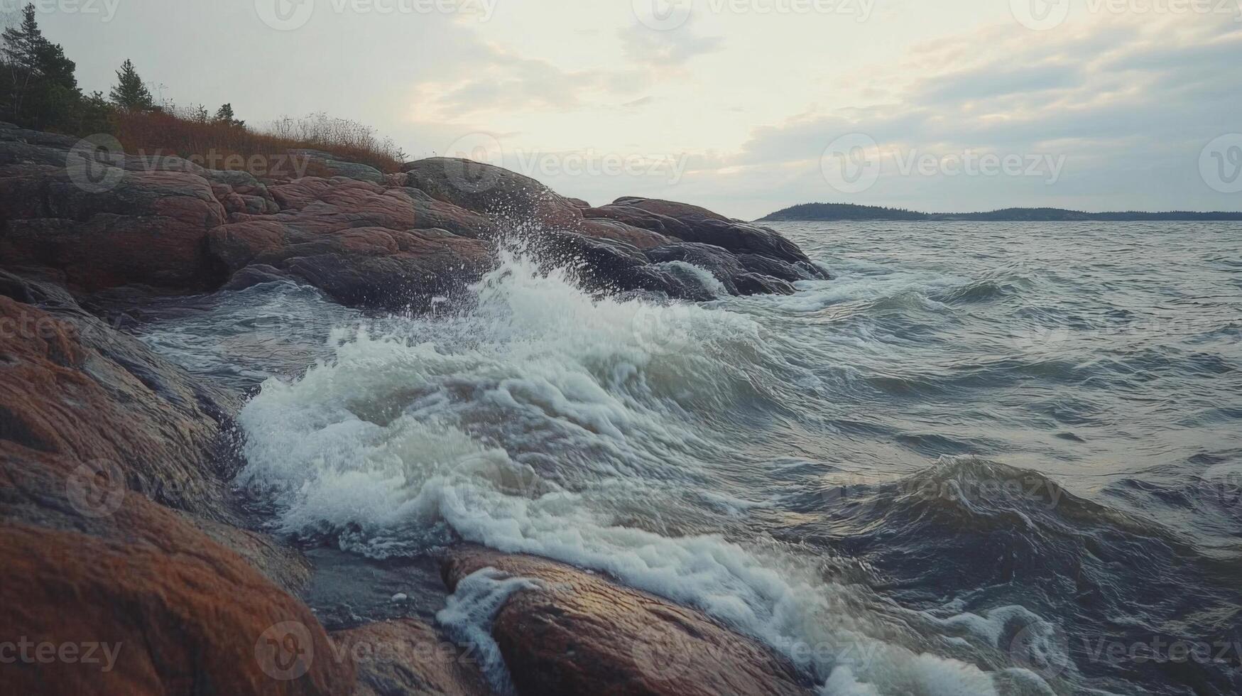 Waves Crashing on Rocky Coast at Sunset photo
