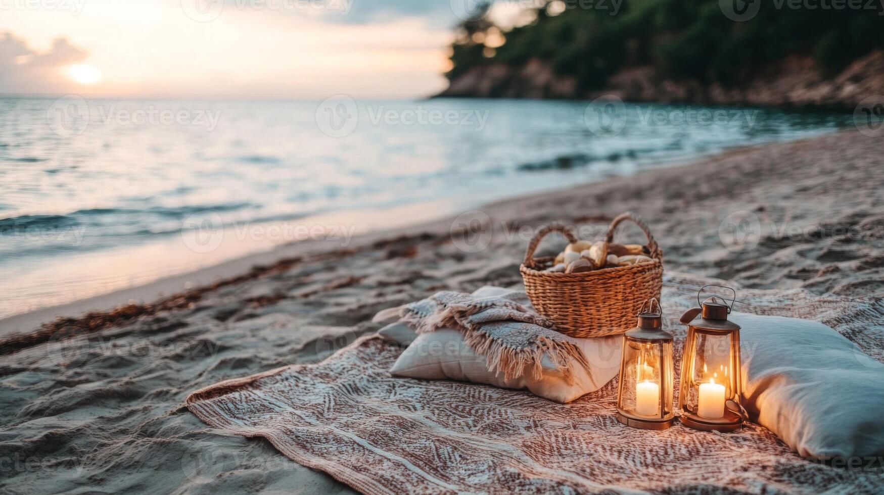 Romantic Beach Picnic at Sunset with Lanterns photo