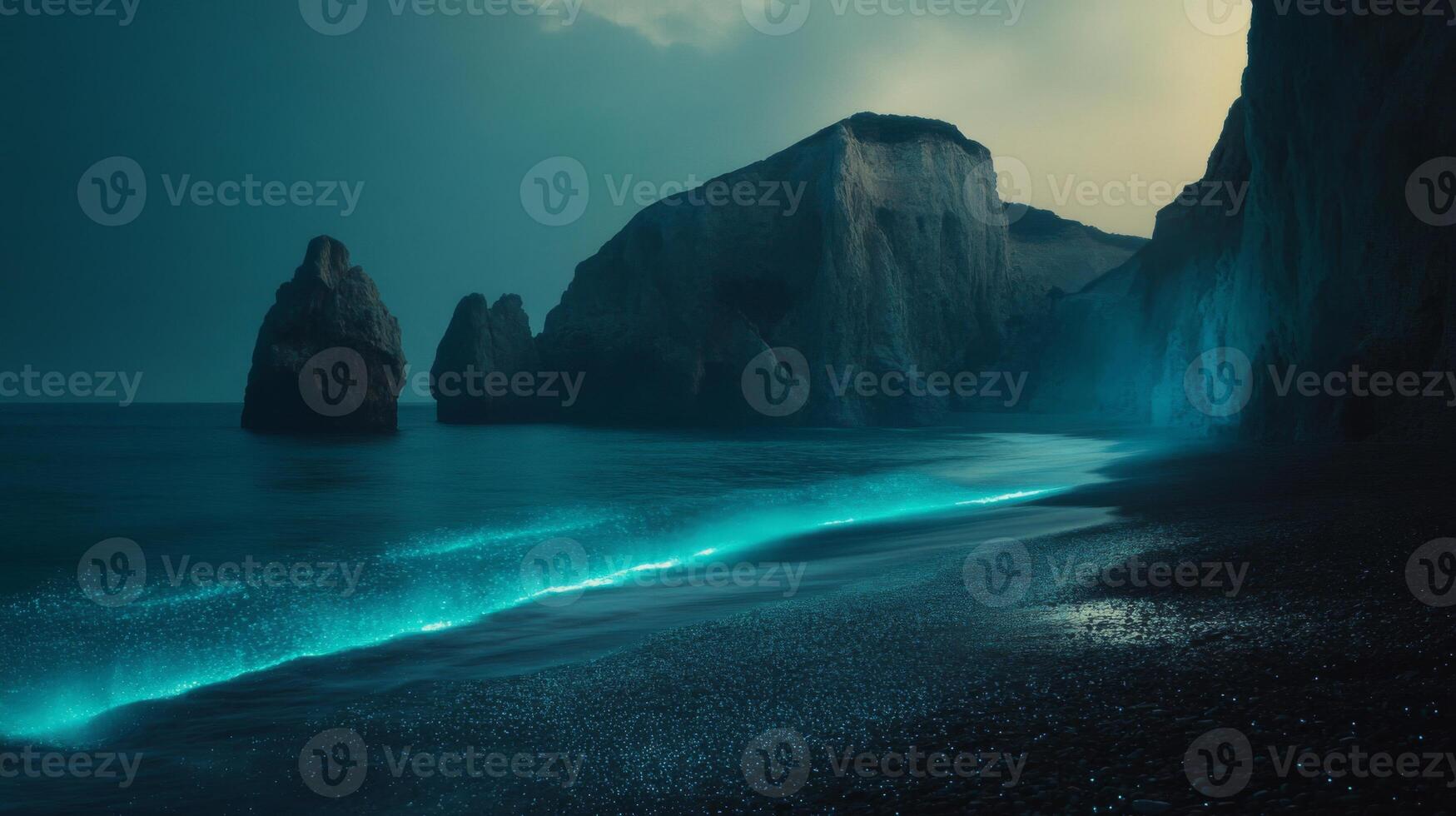 Glowing Blue Bioluminescent Beach at Night photo