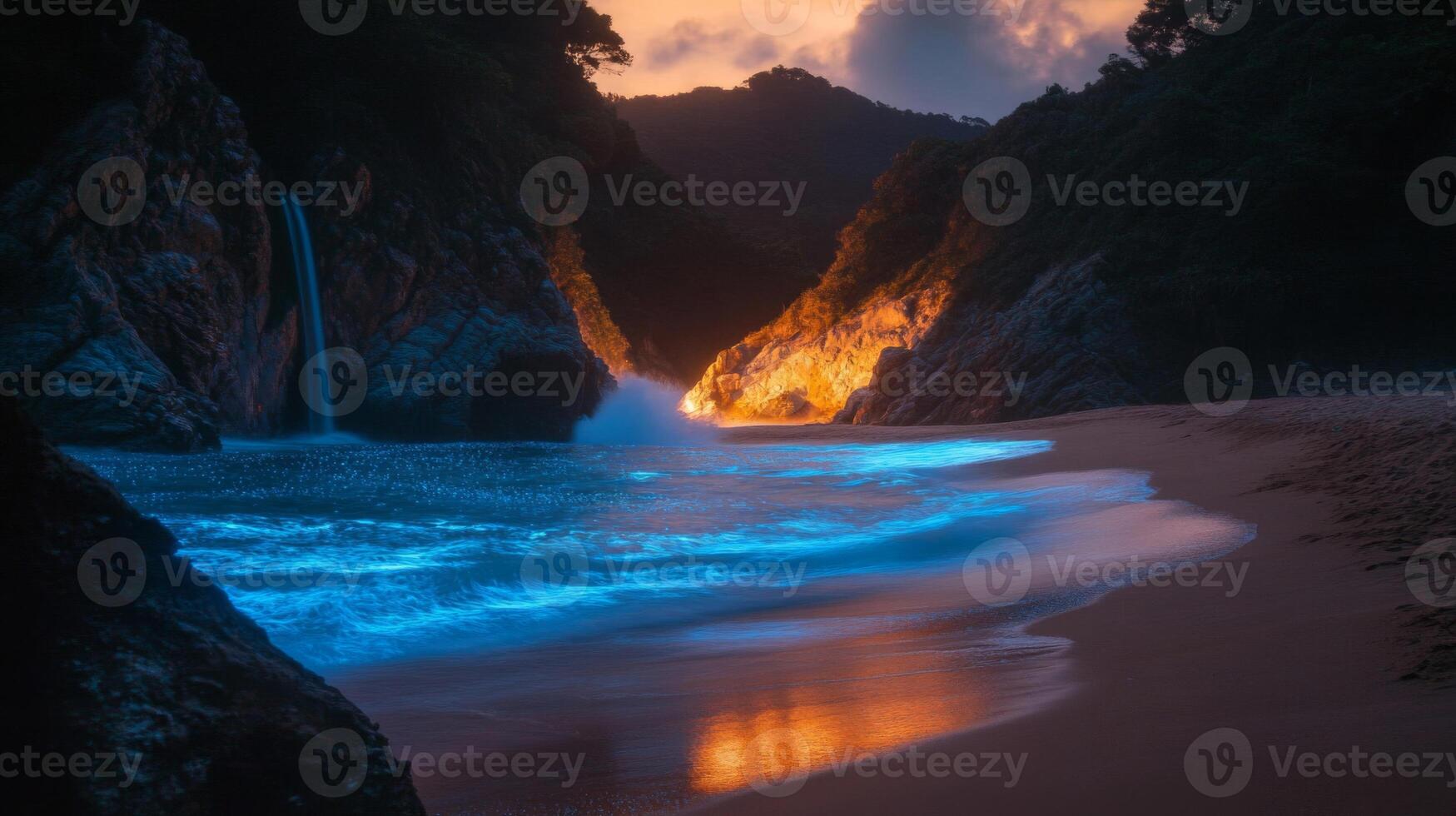 Bioluminescent Waves Crashing on a Tropical Beach at Sunset photo