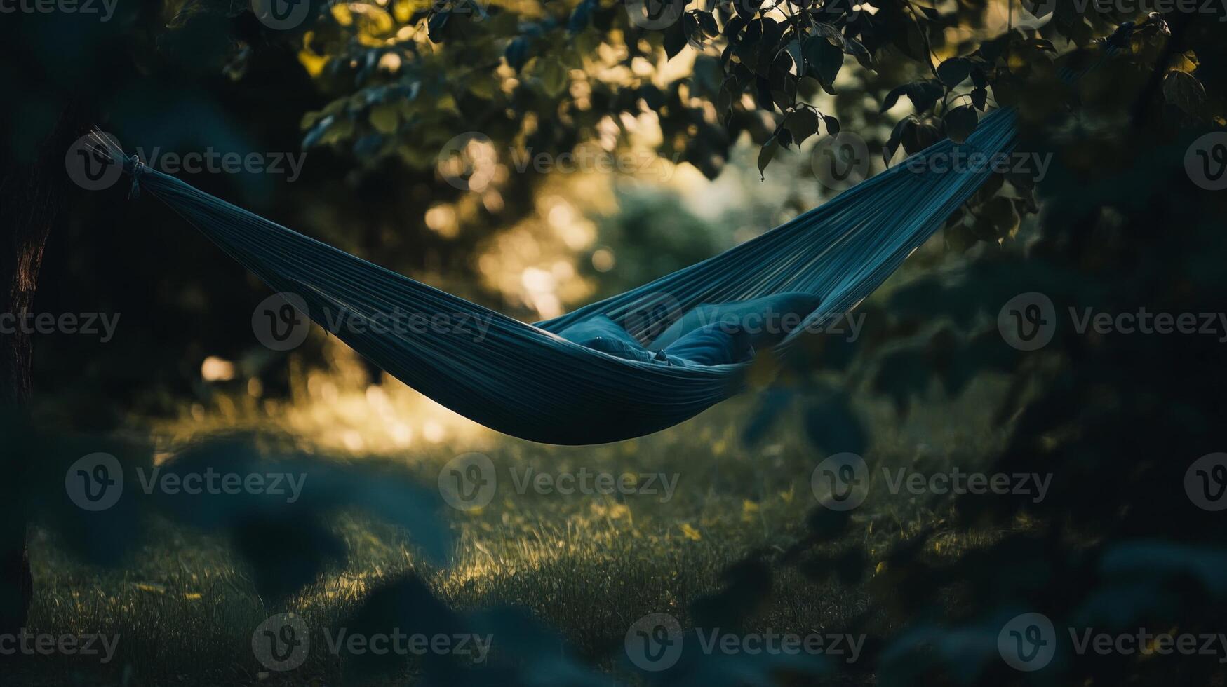 Person Relaxing in a Blue Hammock in a Lush Green Garden photo