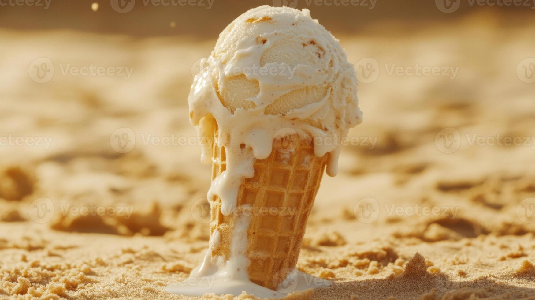 Melting Vanilla Ice Cream Cone on Sandy Beach photo