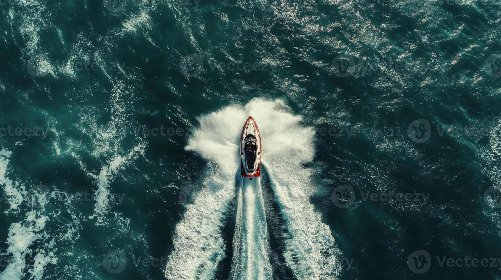 Red and White Jet Ski Speeding Across Dark Blue Ocean Waters photo