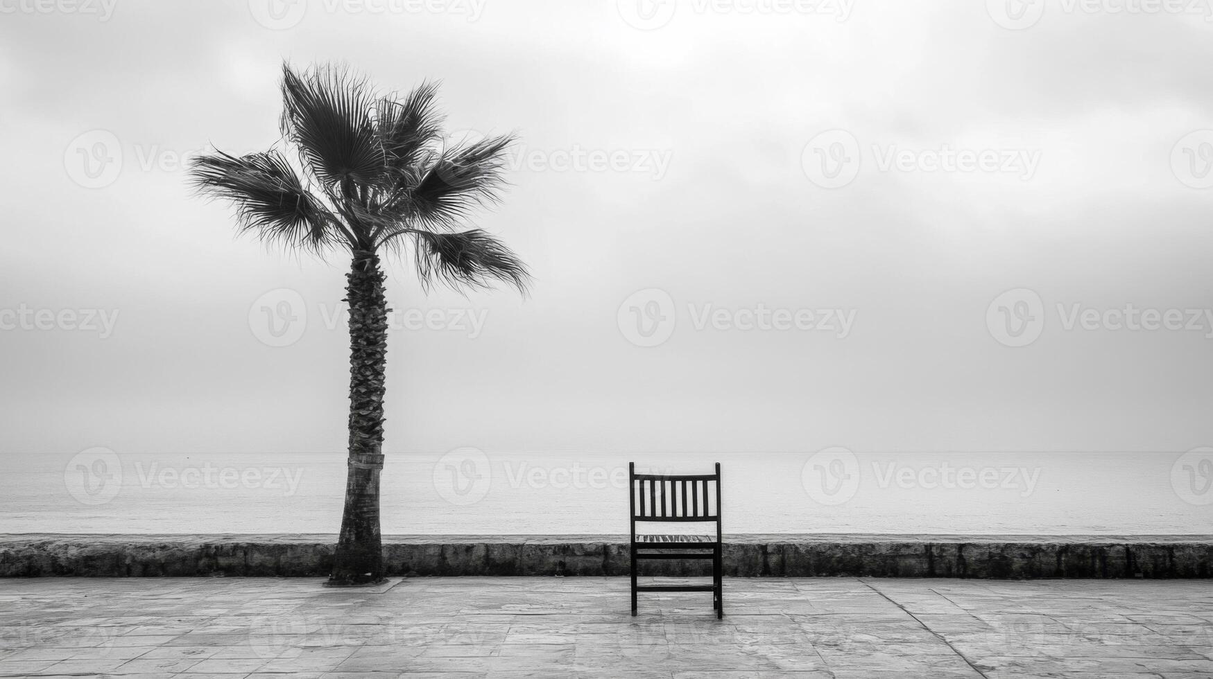 Solitary Palm Tree and Bench by the Sea Under a Cloudy Sky photo