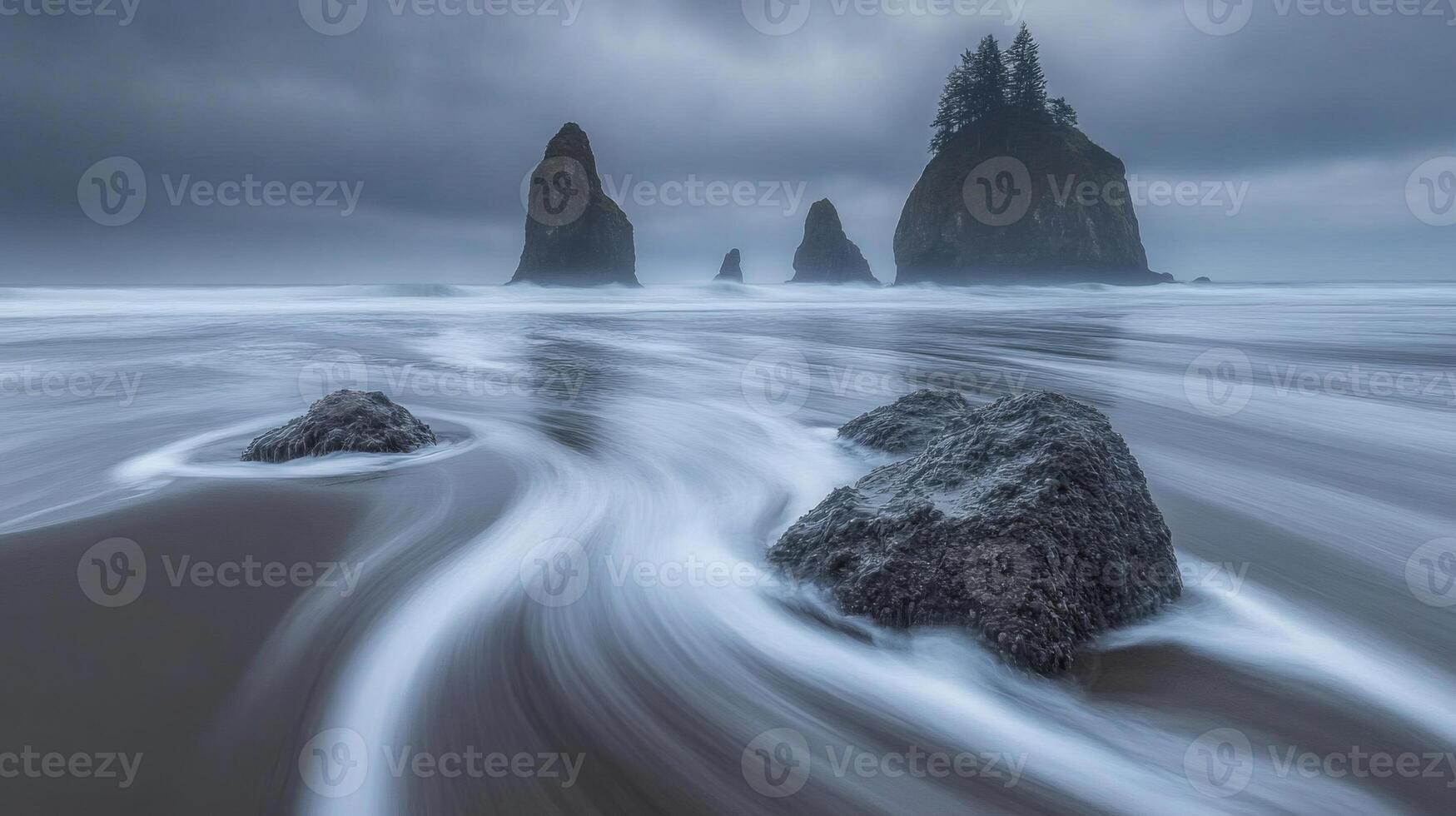 Dark Grey Ocean Waves at Sandy Beach with Dark Rocks photo