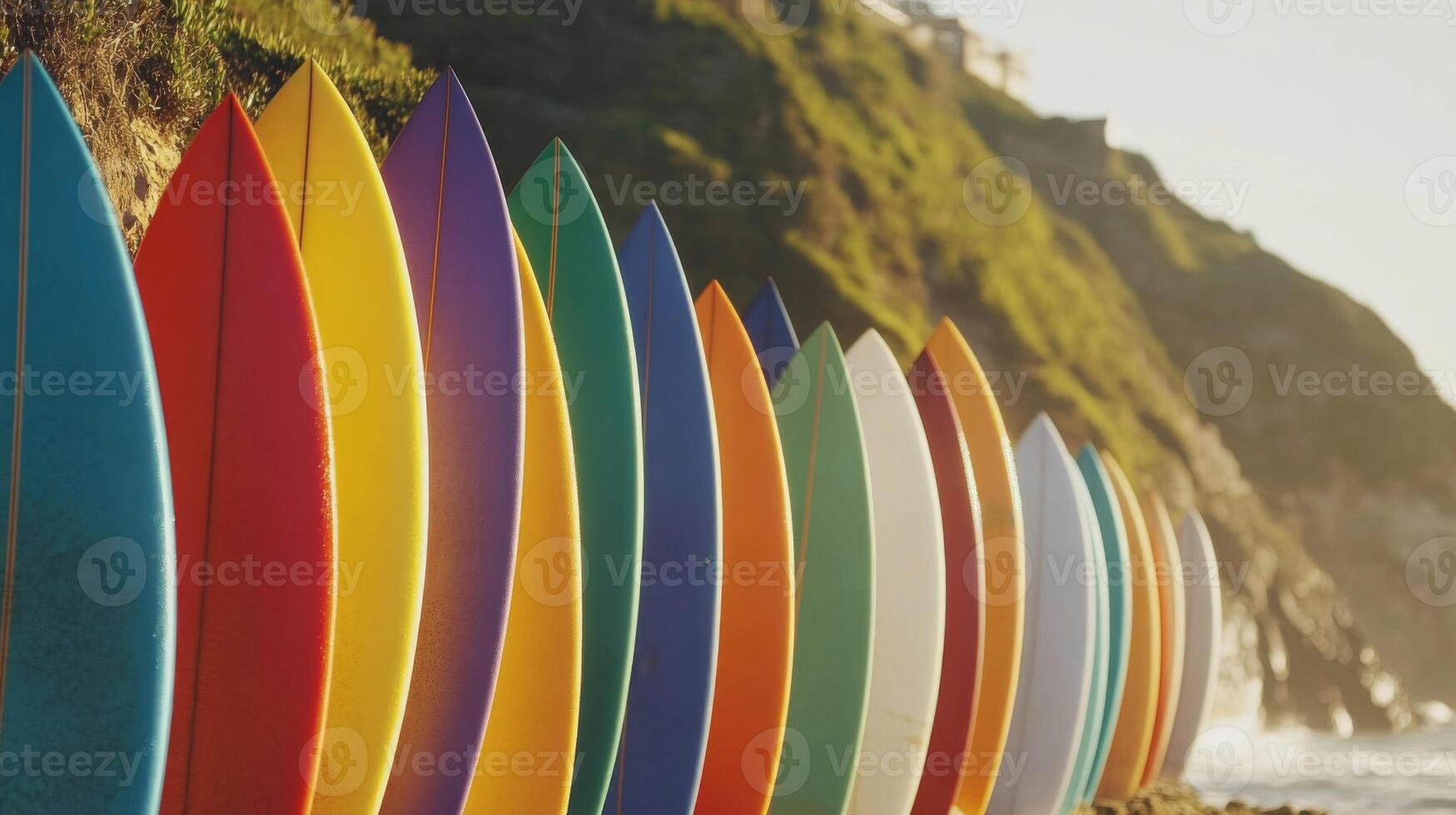 Colorful Surfboards Lined Up on a Sunny Beach photo