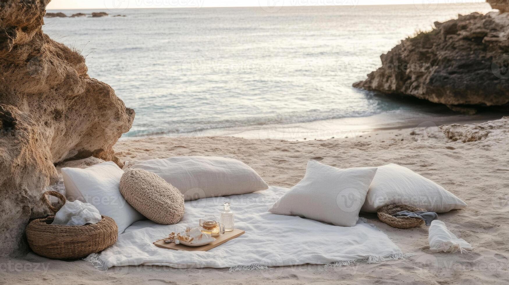 Beach Picnic with White Pillows and Blanket at Sunset photo