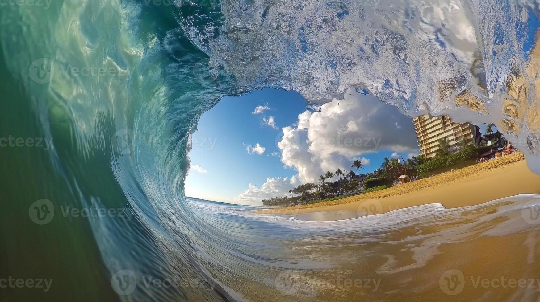 Ocean Wave Crashing Over Beach with Buildings in Background photo
