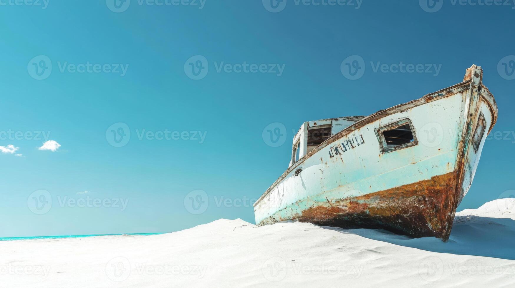 Rusted Boat on a White Sand Beach photo