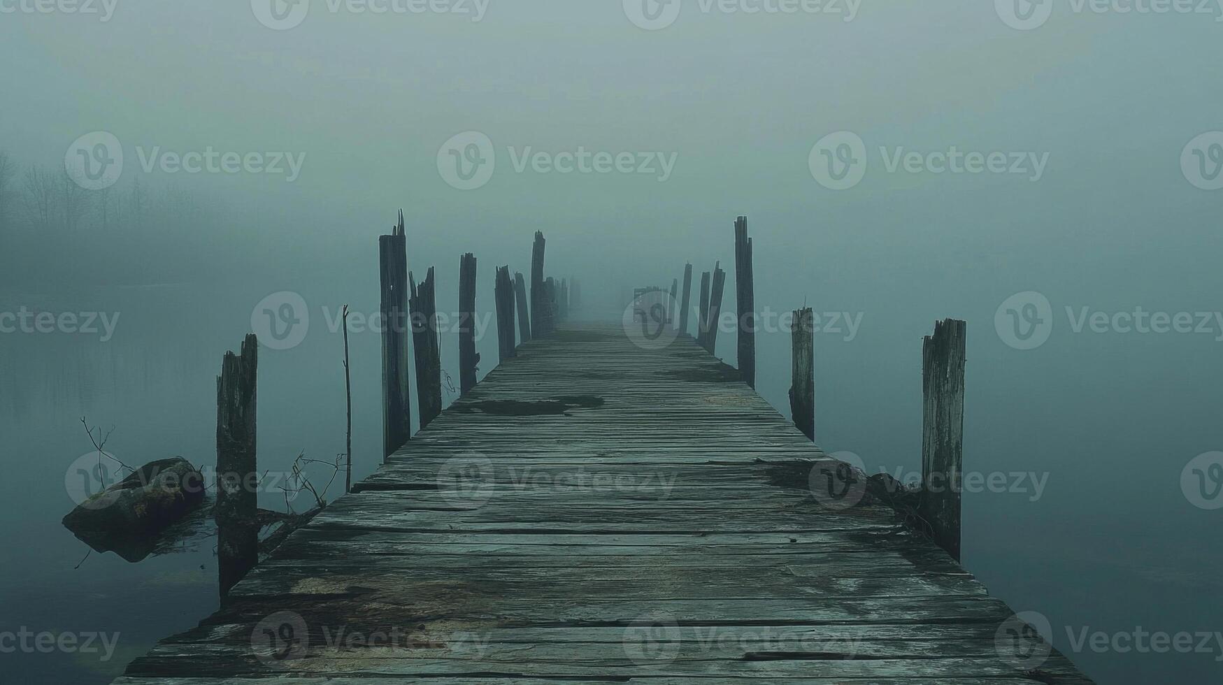 Old Weathered Wooden Dock Extending into Misty Lake photo