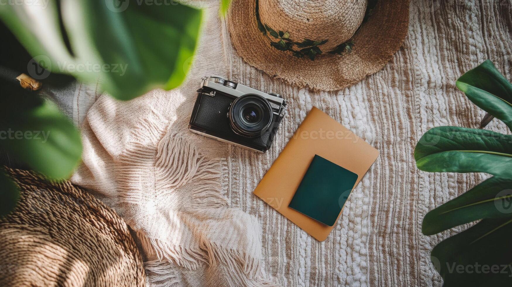 Overhead View of Travel Accessories on Textured Background photo