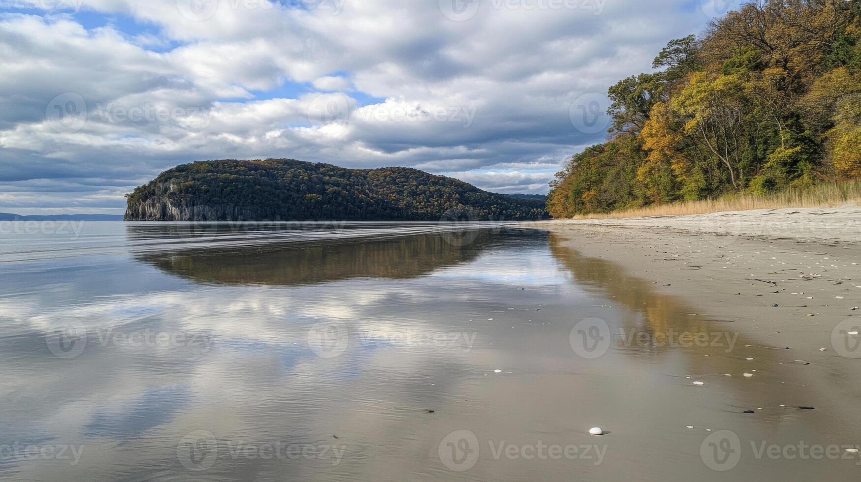 Autumn Beach Landscape With Island Reflection photo