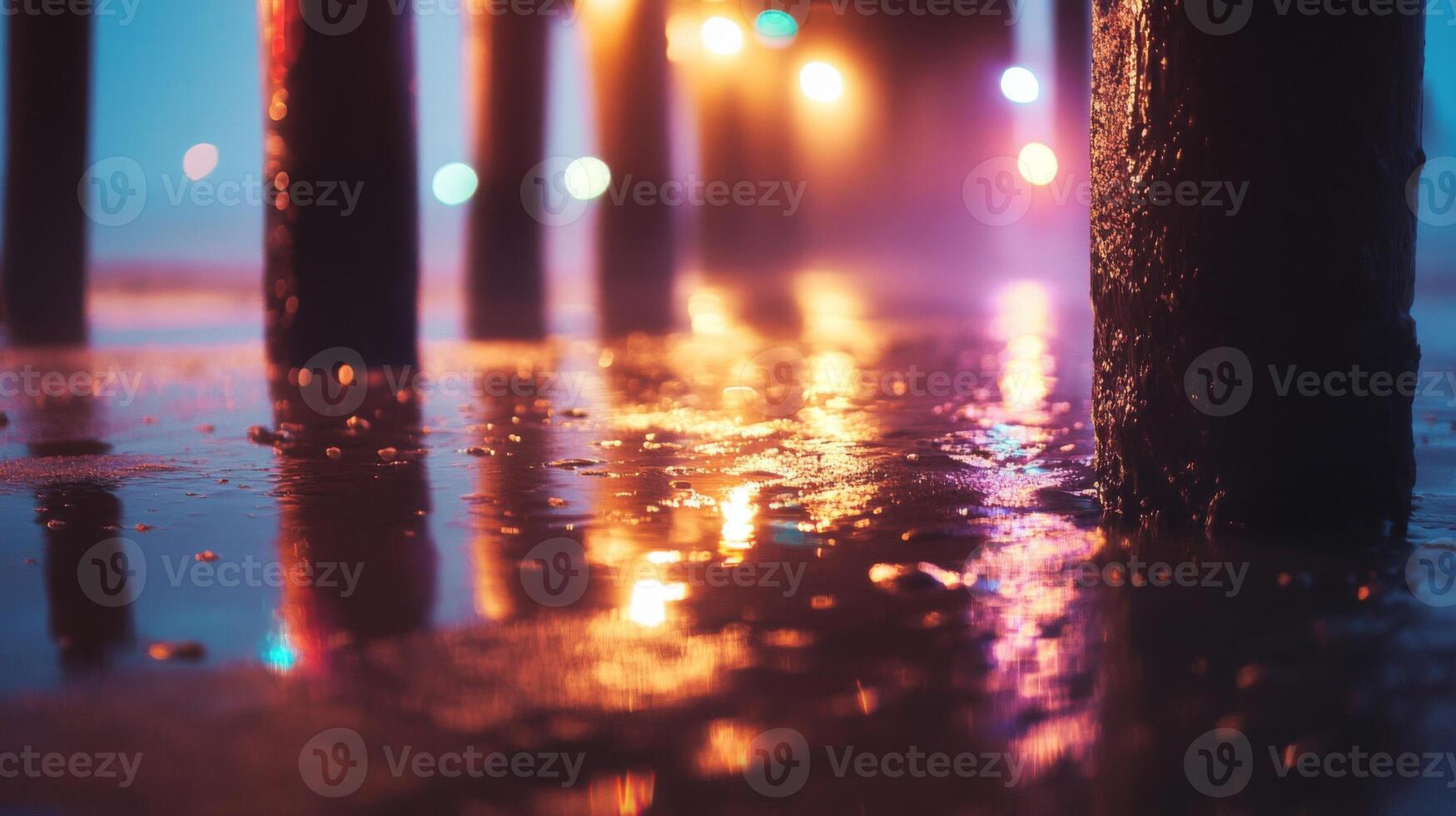 Rainy Night Cityscape Under Pier Reflections photo