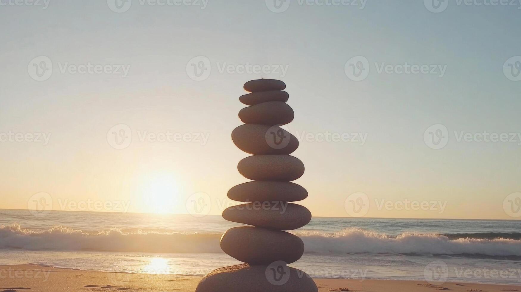 Small Child Standing Atop Balanced Stone Stack at Sunset Beach photo