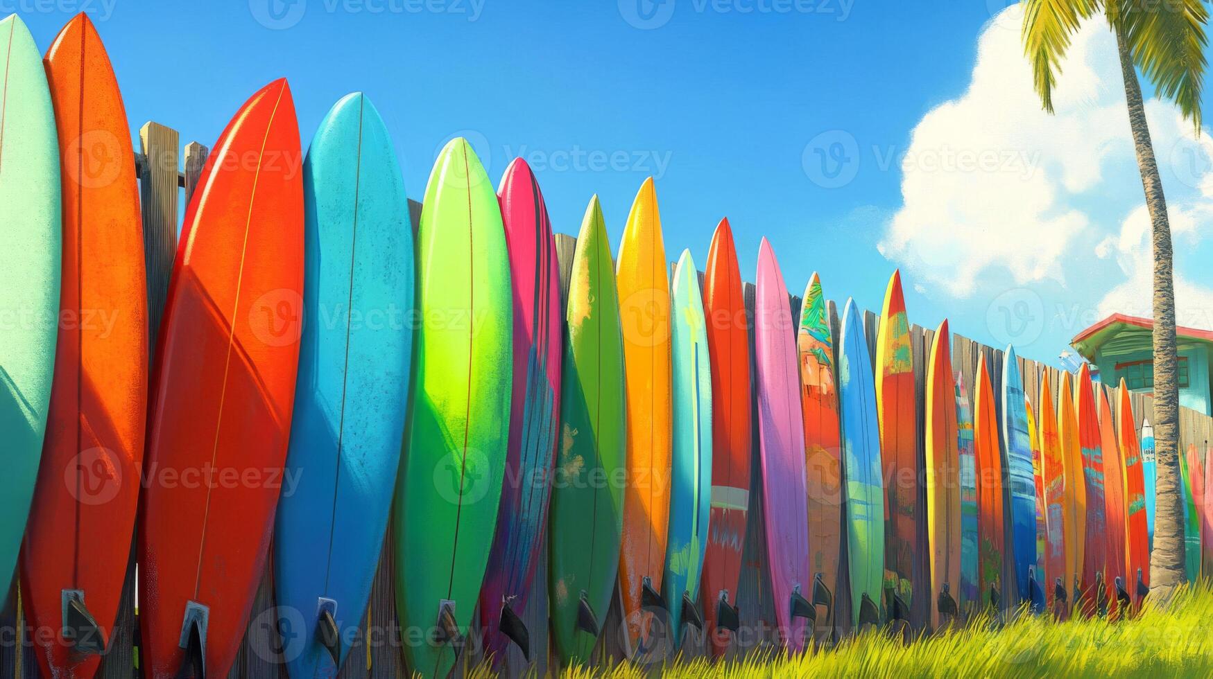 Colorful Surfboards Lined Up Against a Fence on a Sunny Beach photo