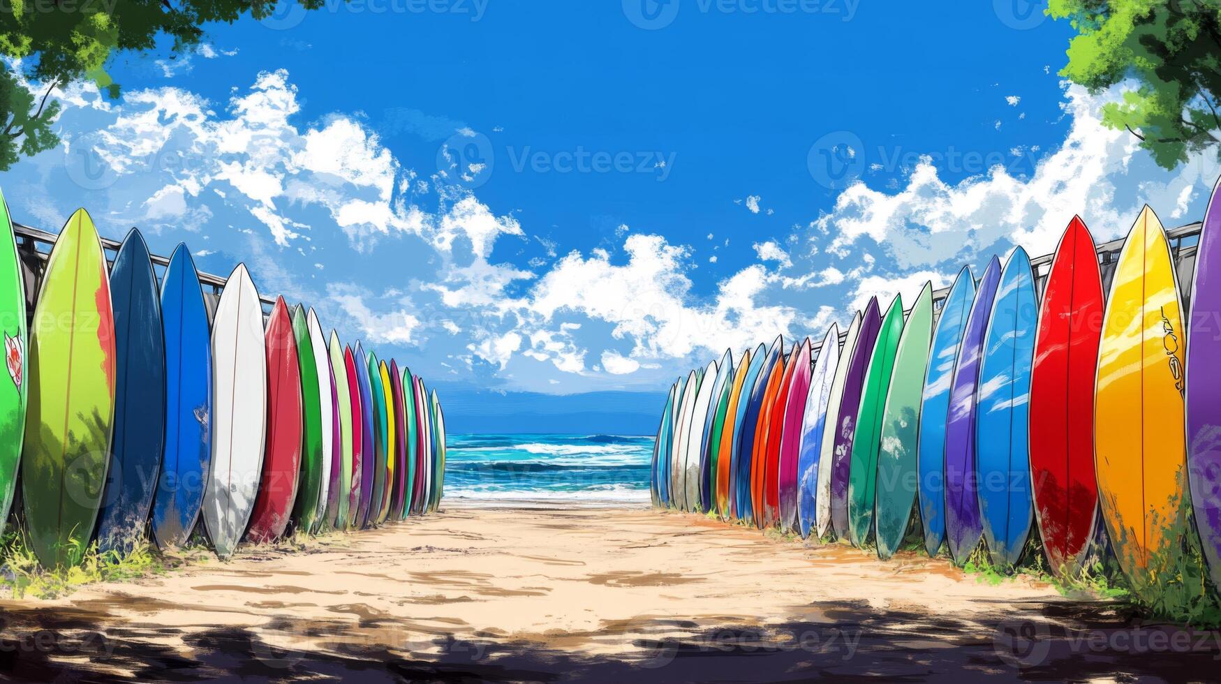 Colorful Surfboards Lined Up on Sandy Beach Under Sunny Sky photo