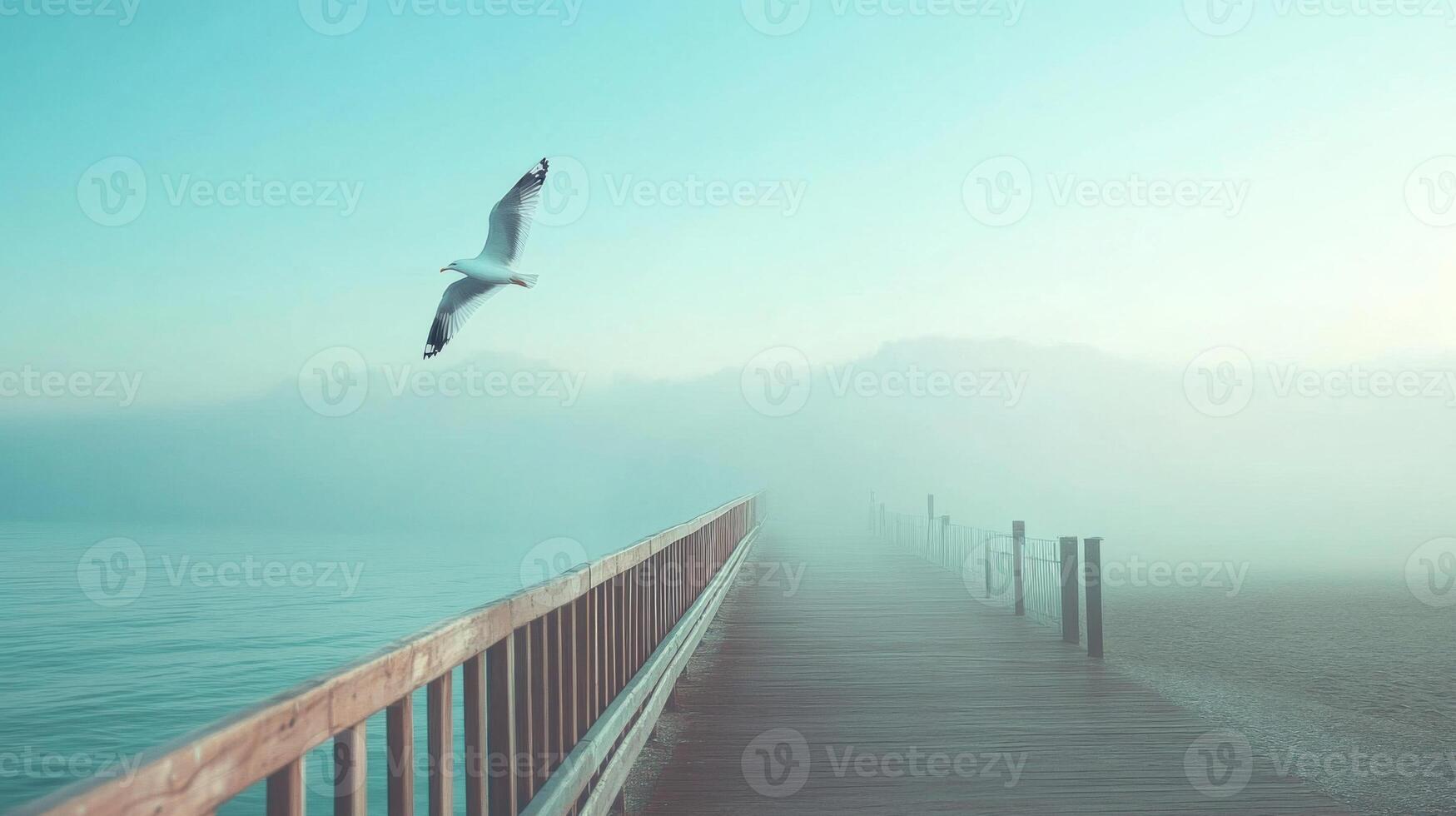 Seagull in Flight Over Foggy Ocean Pier photo