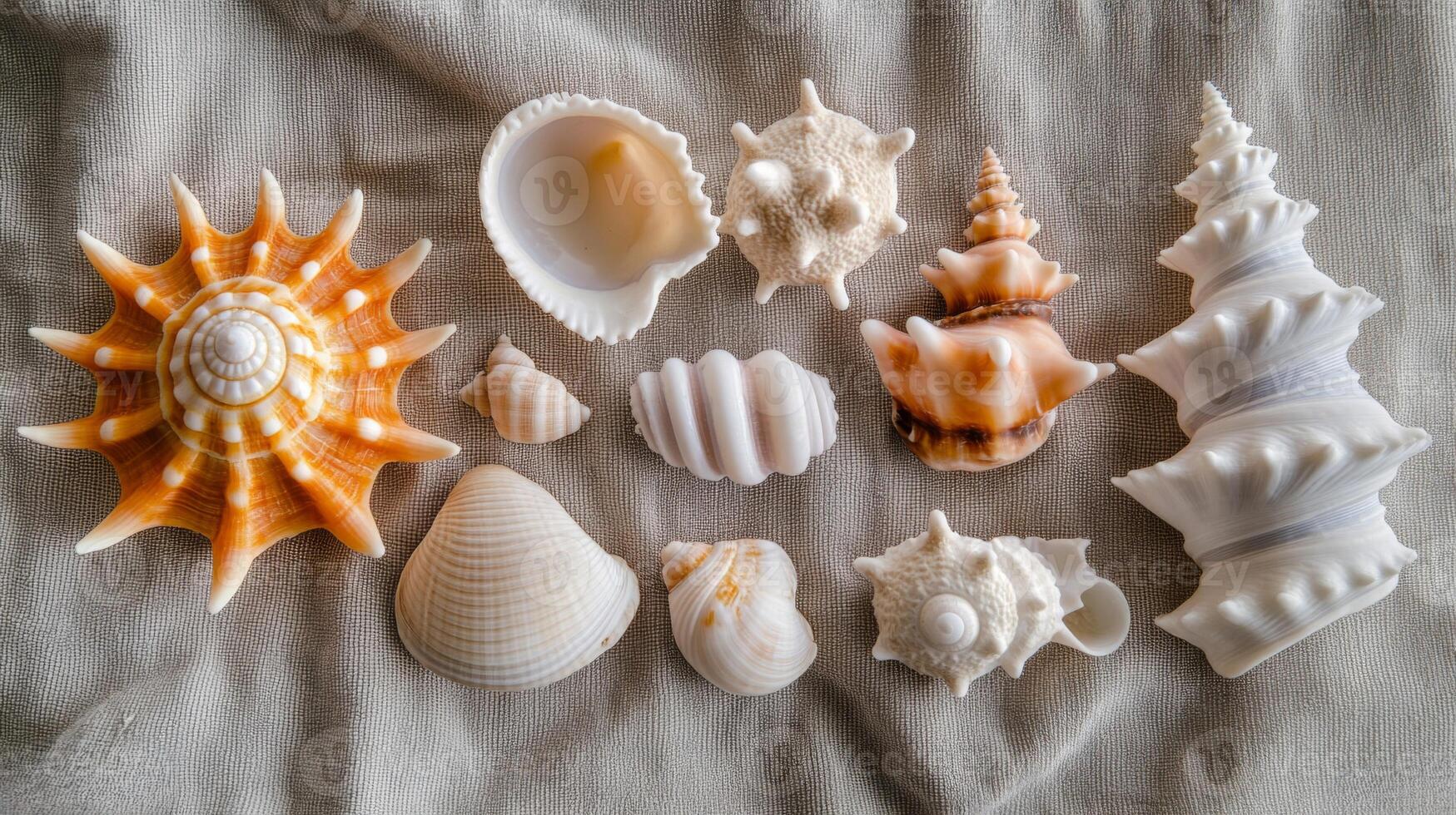 Seashell Collection on Textured Fabric photo