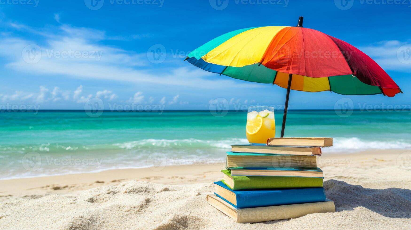 Relaxing Beach Scene with Colorful Umbrella Books and Drink photo
