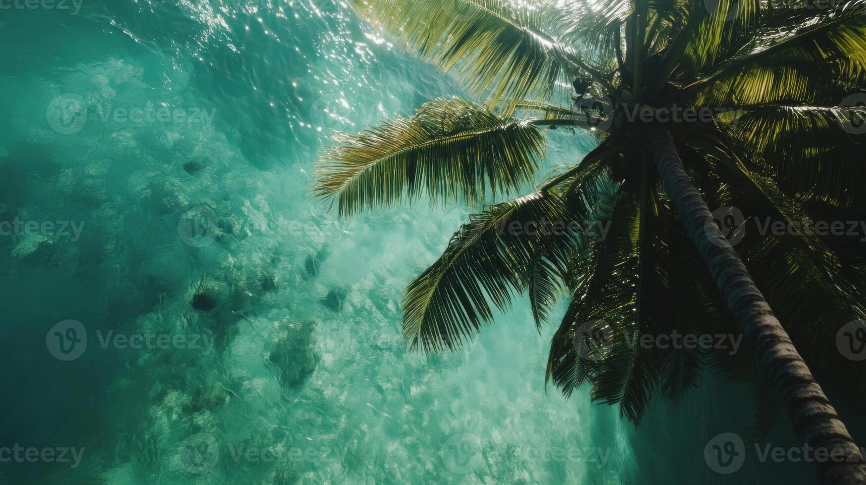 Overhead View of Palm Tree Over Teal Ocean Water photo