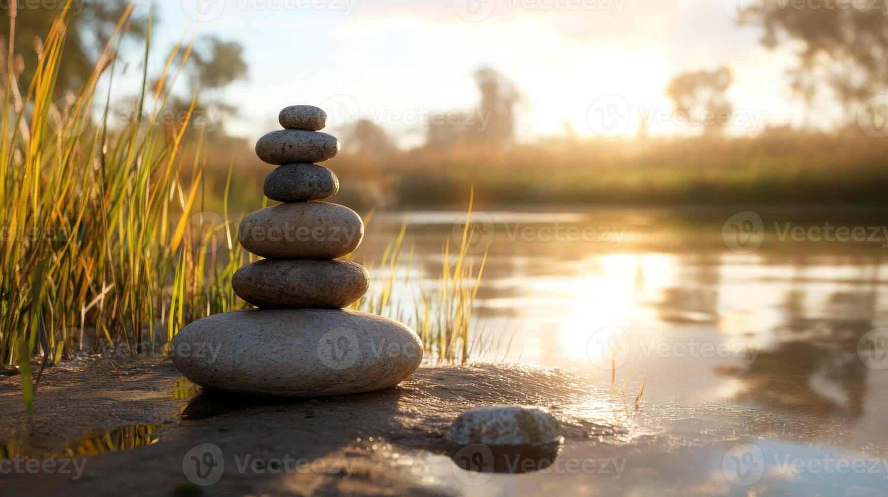 Balanced Stones by River at Sunset photo