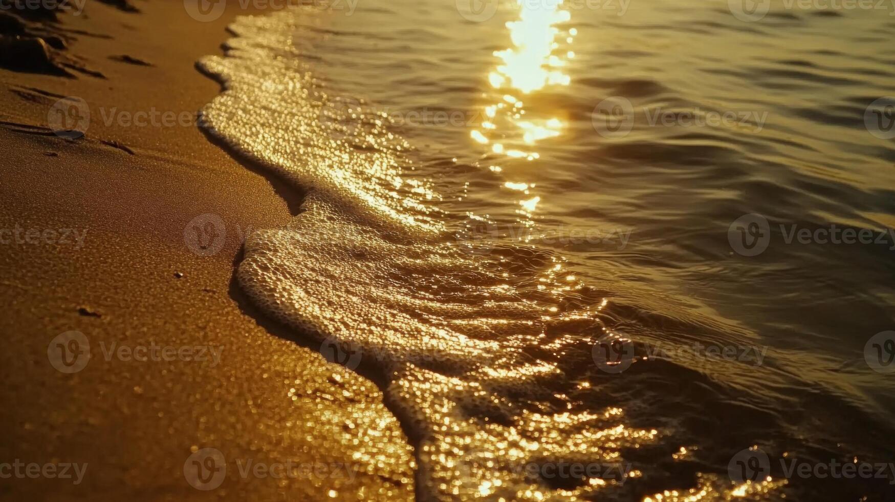 Golden Sunset on Sandy Beach with Gentle Waves photo