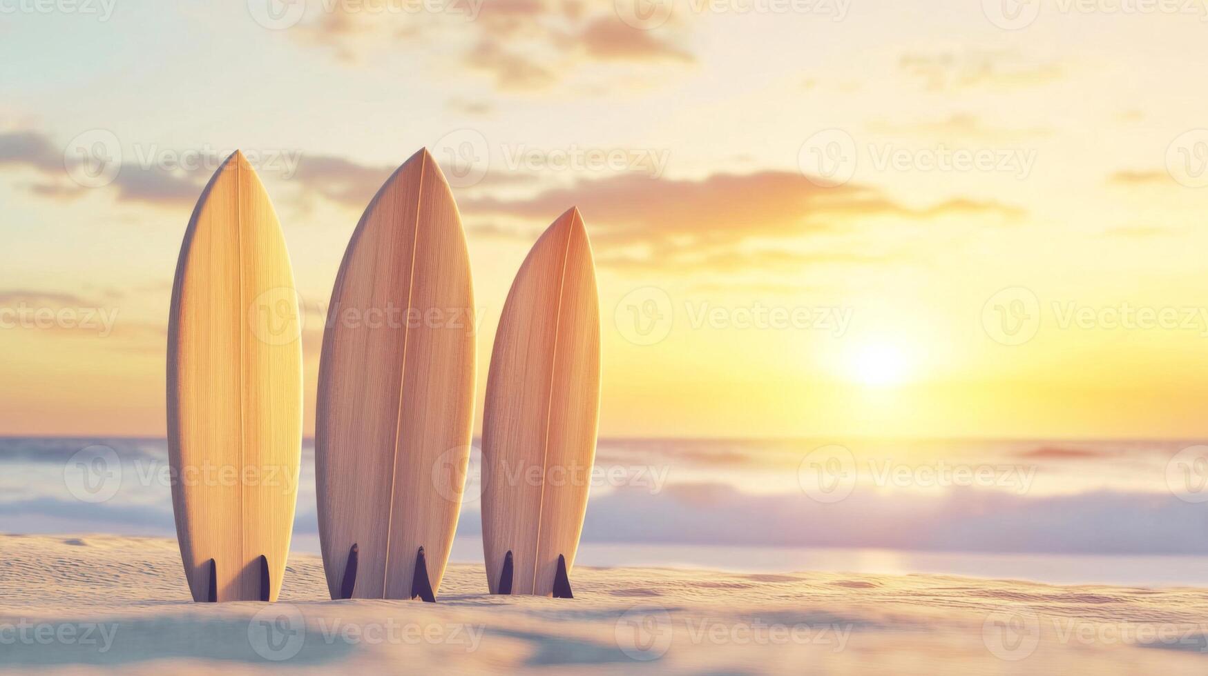 Three Wooden Surfboards on Sandy Beach at Sunset photo