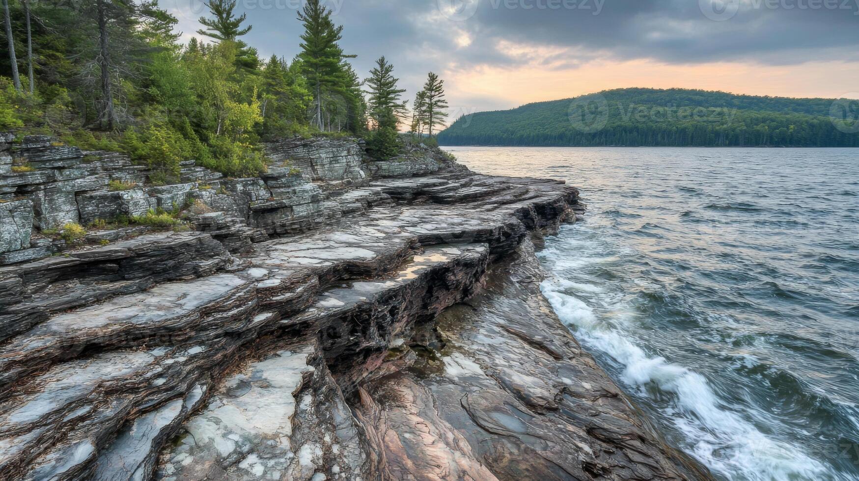 Layered Rock Shoreline at Sunset with Calm Lake Water photo