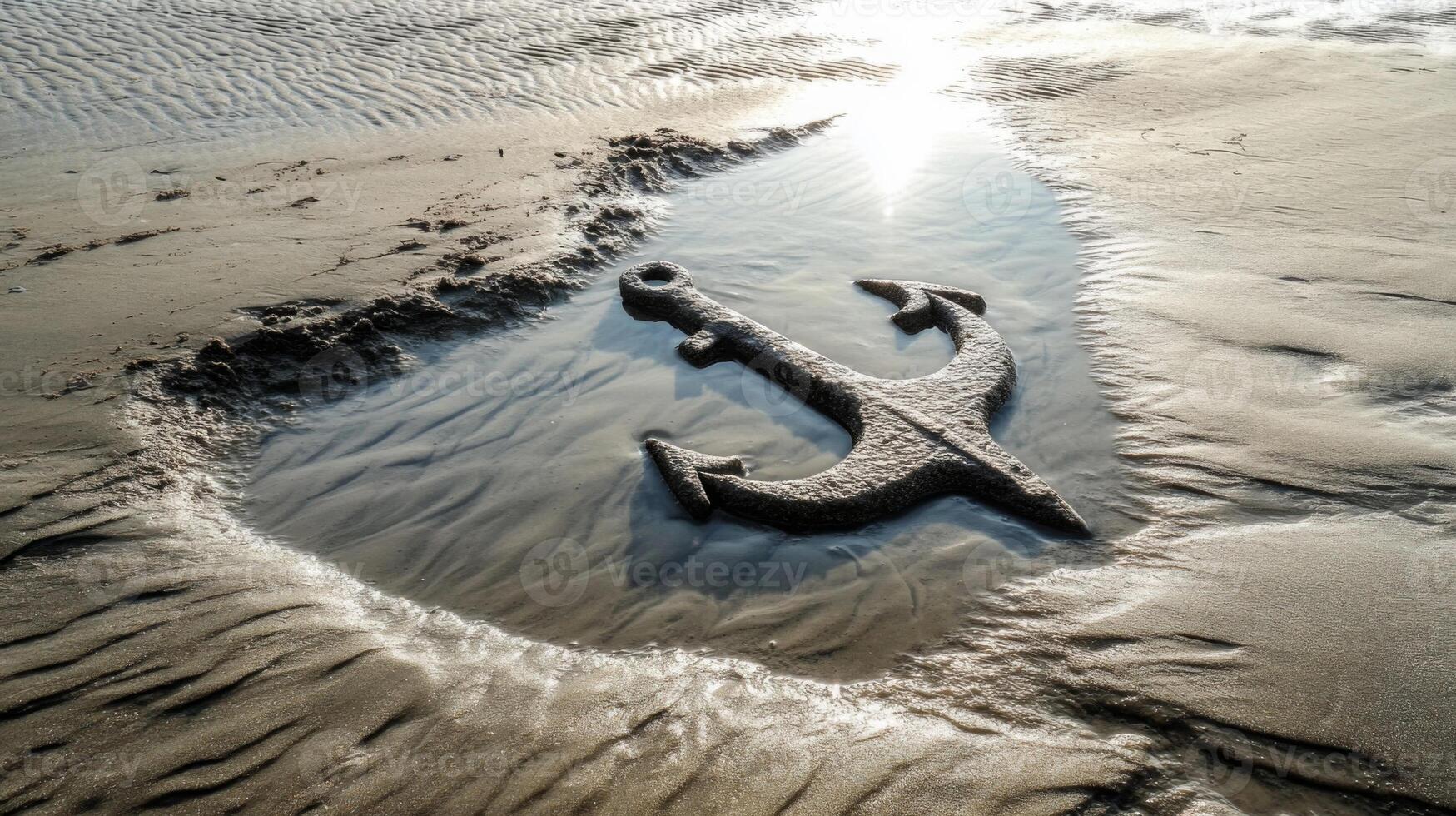 Rusty Anchor in a Sandy Beach Puddle at Sunset photo