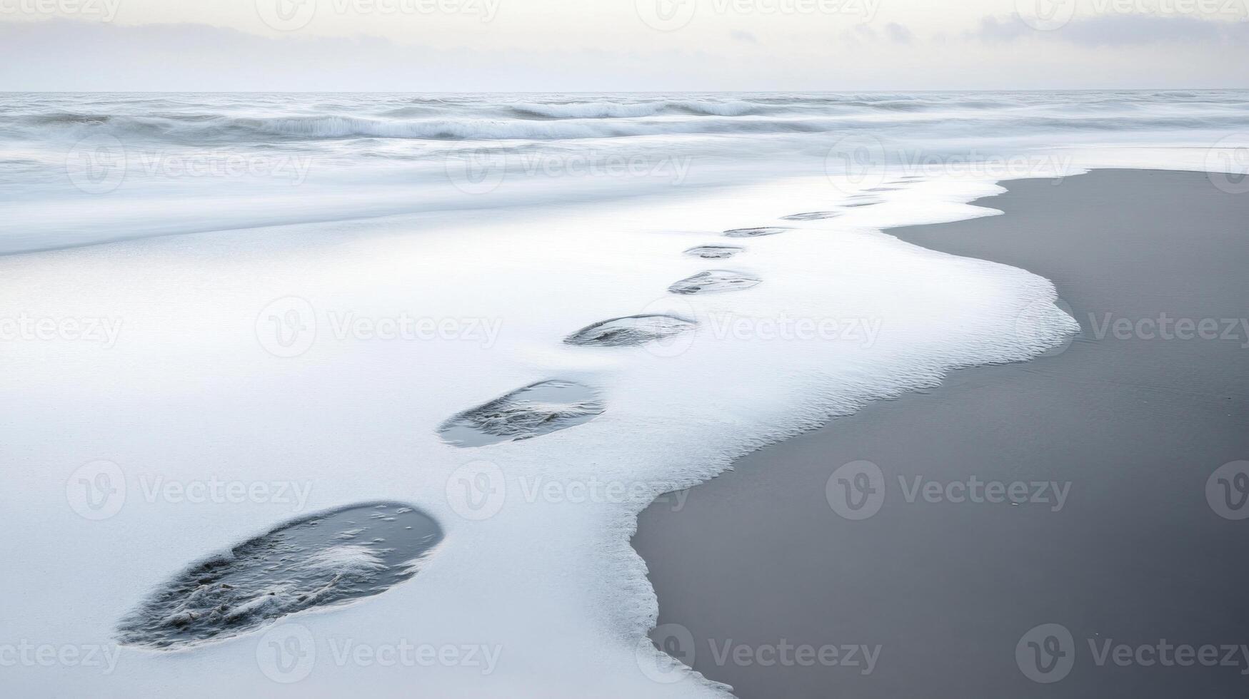 Footprints in White Foam on a Gray Sand Beach photo