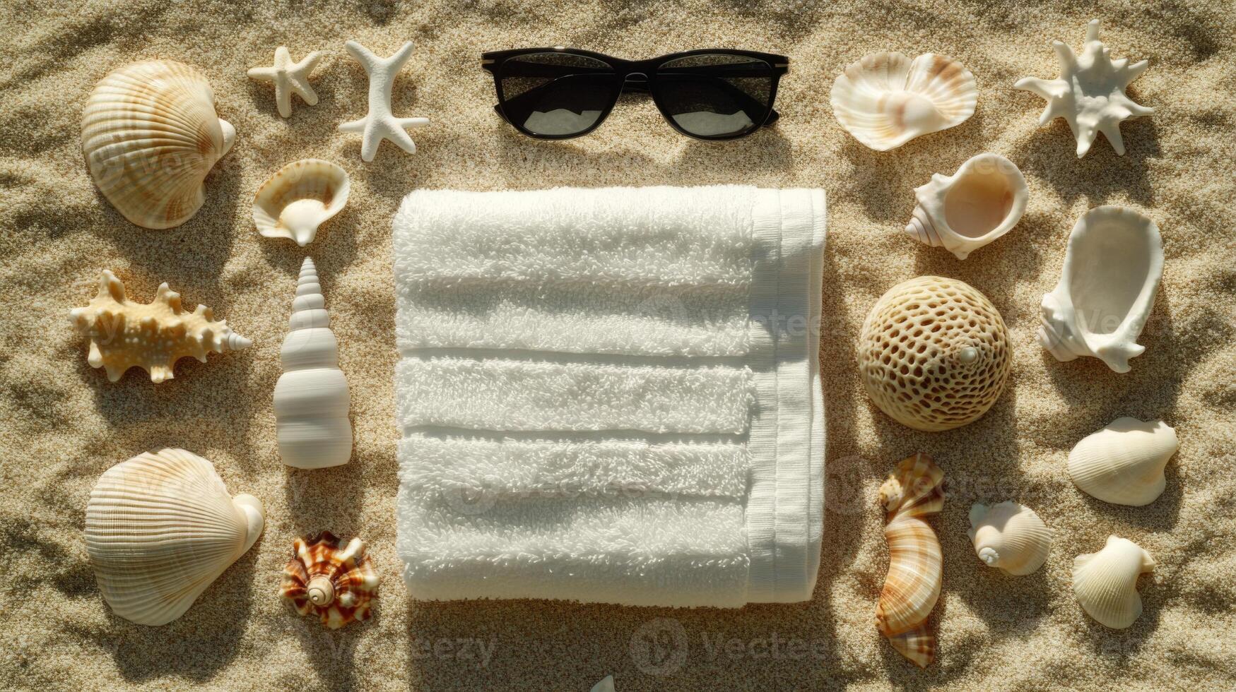White Towel and Seashells on Sandy Beach photo
