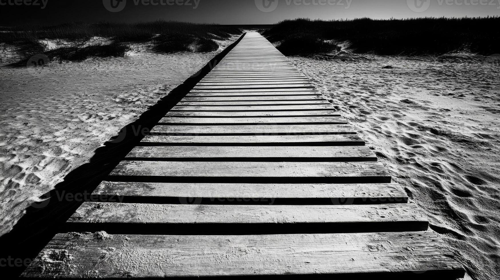 Black And White Monochrome Wooden Path Leading to Horizon photo
