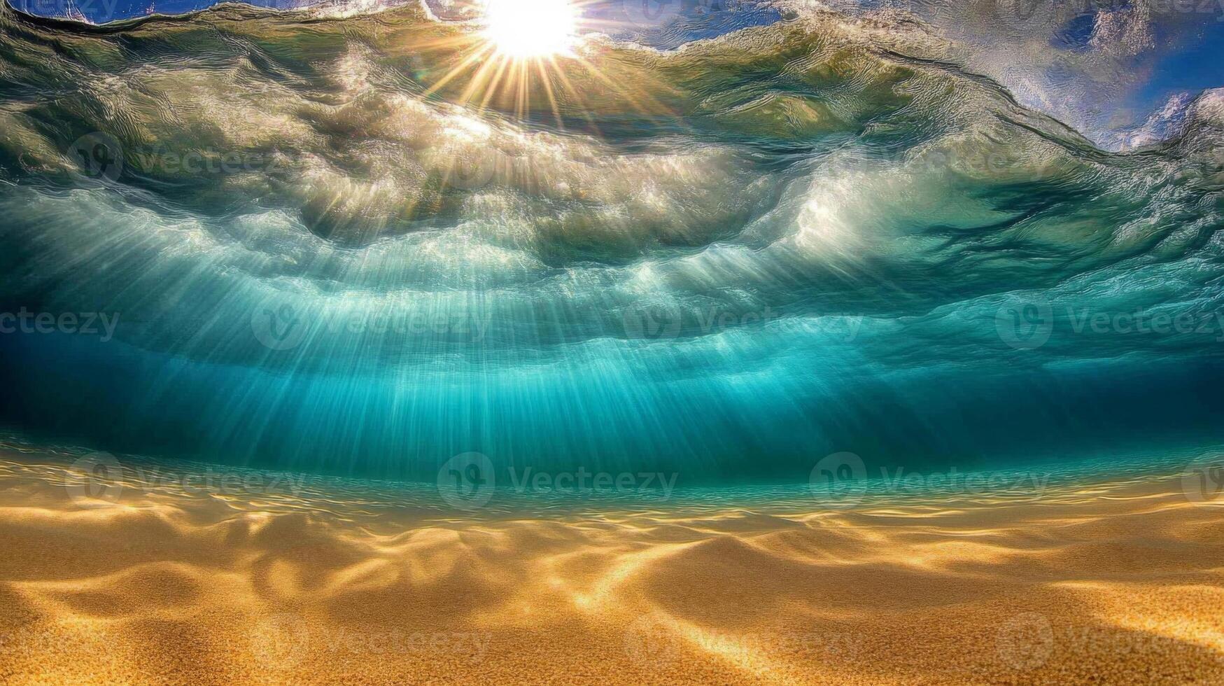 Underwater Sunlight Rays Illuminating Golden Sand Beach photo