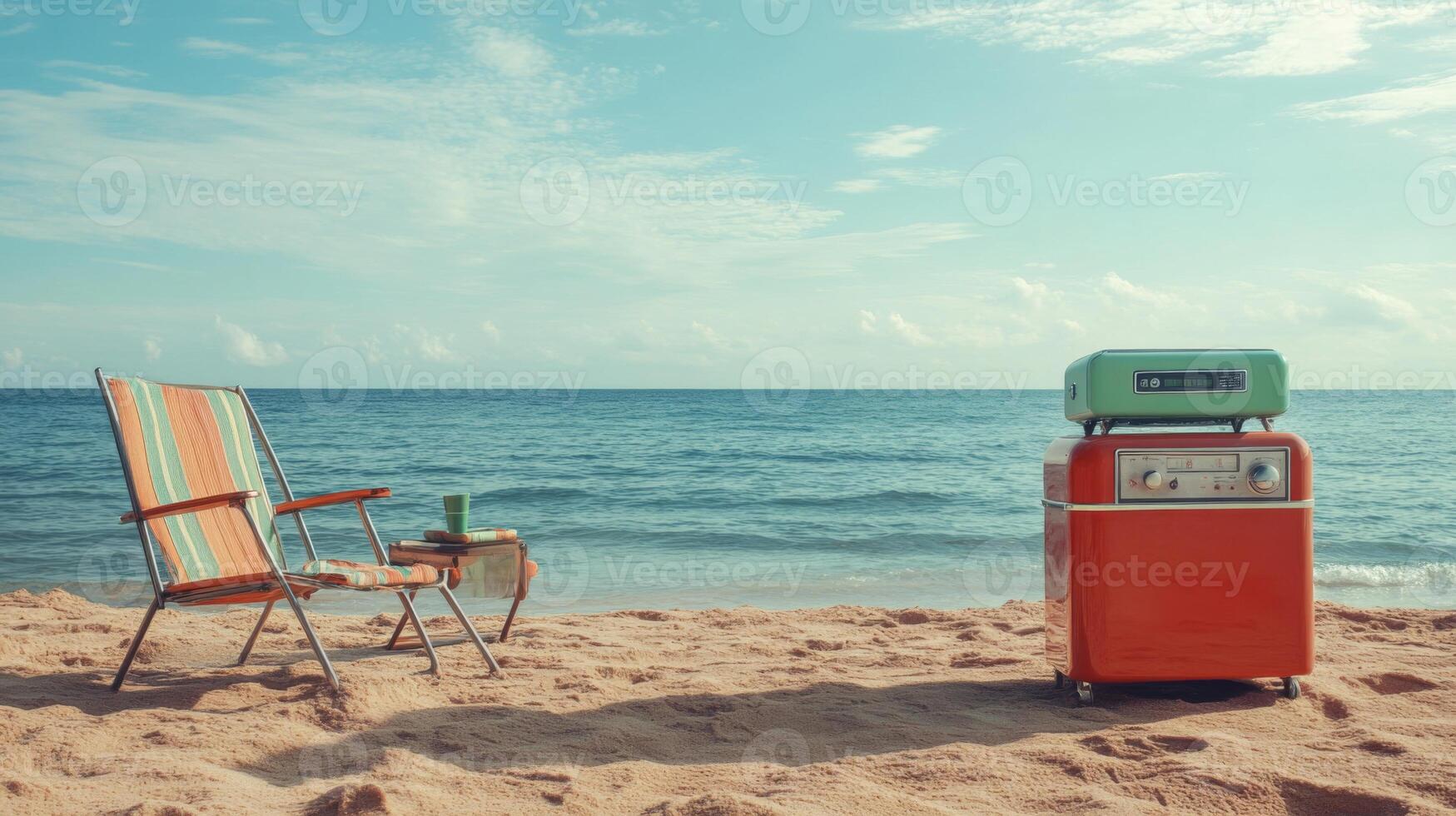 Relaxing Beach Scene with Retro Cooler and Chairs photo